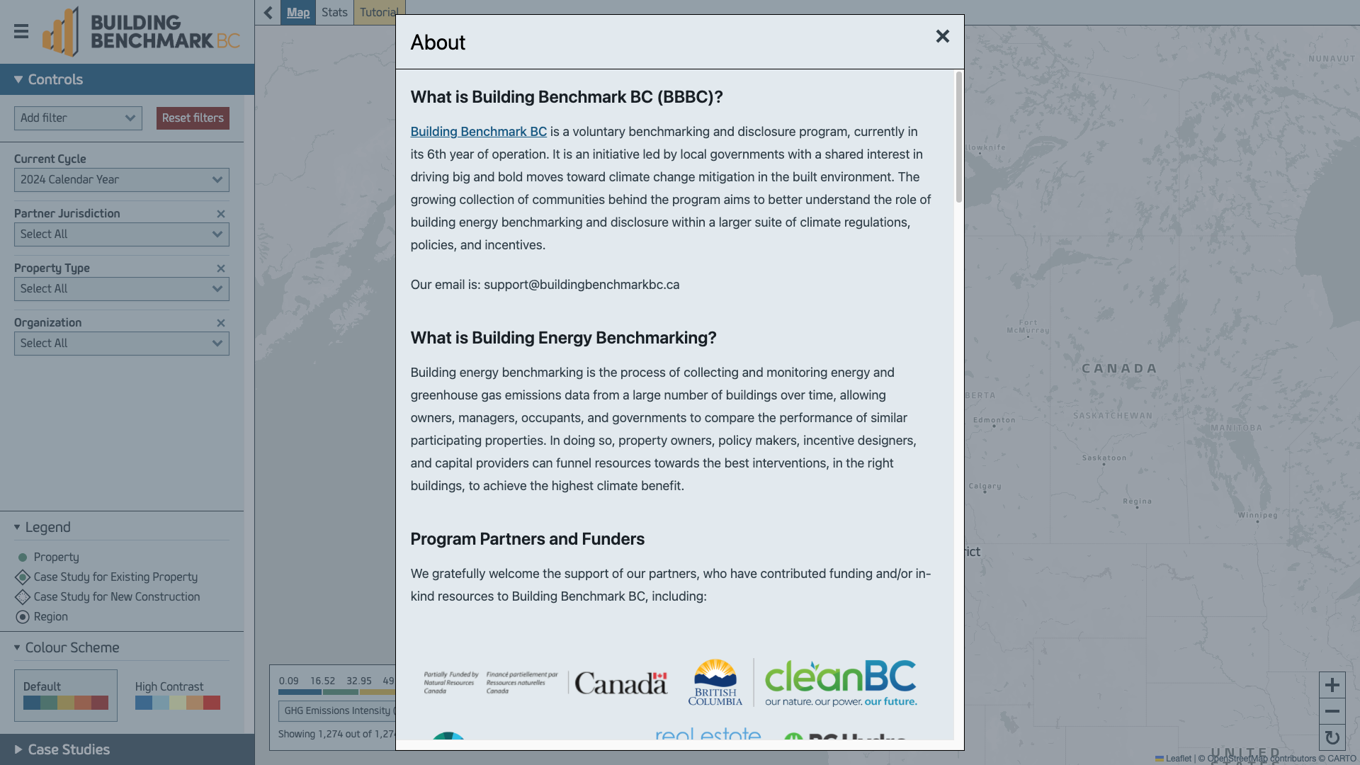 Building Benchmark BC's About panel, with copy and partner logos authored by that program's team