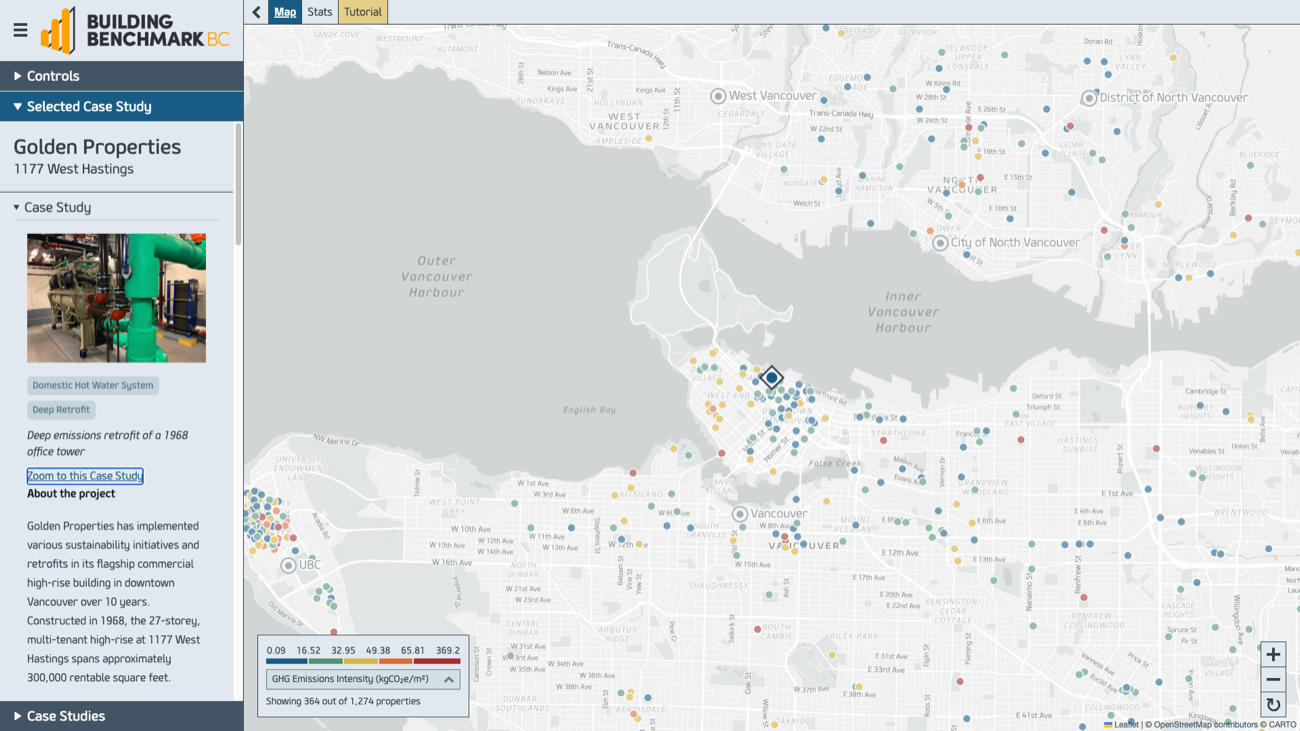 A case study pin highlighted on the map, before being selected