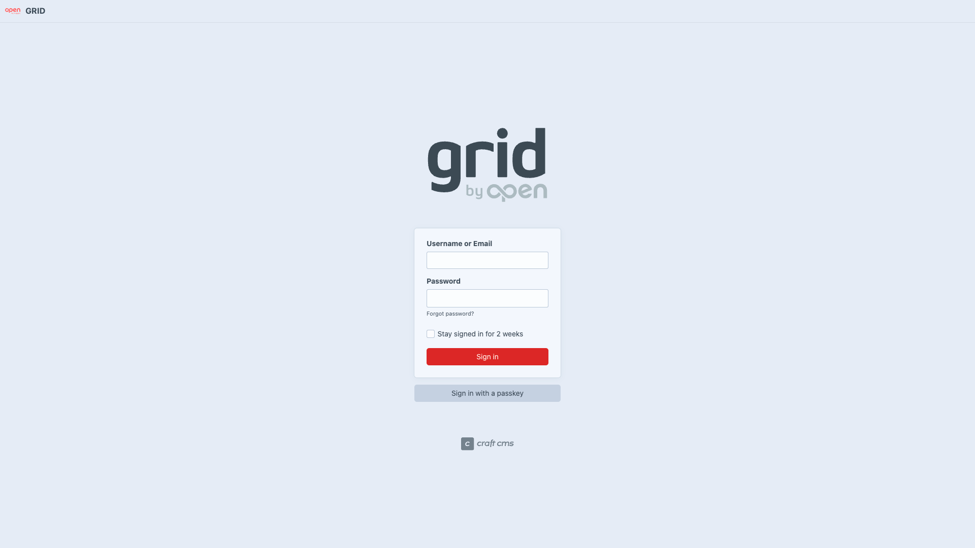 Login screen for GRID by OPEN, the map application backed by the new Craft CMS instance